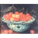 A 19th Century style oil on canvas unsigned, a study of a Delft bowl of cherries 18cm x 24cm