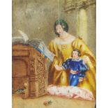 18th Century watercolour unsigned, study of a mother and son reading a bible 11cm x 10cm The panel