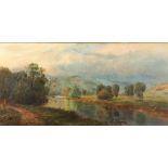 19th Century English oil on canvas unsigned, extensive Scottish landscape with fisherman beside a