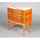 A rectangular inlaid kingwood chest with pink and white veined marble top, fitted 2 drawers,