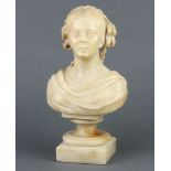 A Victorian carved alabaster head and shoulders portrait bust of "Queen Victoria" raised on a square