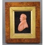 A 19th Century wax portrait bust of a gentleman wearing a frock coat 9cm x 7cm contained in a walnut