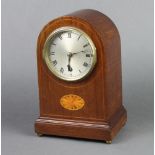 Astral, an Edwardian 8 day bedroom timepiece with 10cm dial contained in an arched inlaid mahogany