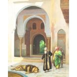 20th Century oil on canvas, a dead lion before a mosque with figures 60cm h x 50cm
