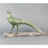 An Art Deco verdigris spelter figure of a standing pheasant, raised on a grey marble base 31cm h x