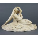 A Victorian carved alabaster figure group of Psyche and cupid, raised on an oval base 20cm h x