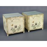 A pair of 1930's white lacquered and inlaid hardstone chinoiserie style bedside cabinets fitted a