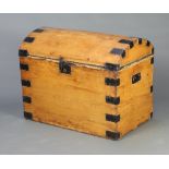 A Victorian domed pine and metal bound twin handled trunk 66cm h x 84cm w x 50cm d