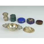 A silver and guilloche enamel pill box (bruised) together with other minor enamelled boxes etc