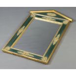 A rectangular contemporary Regency style plate wall mirror contained in a green and gilt painted