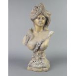 A verdigris bronze Art Nouveau style head and shoulders portrait bust of lady raised on a square