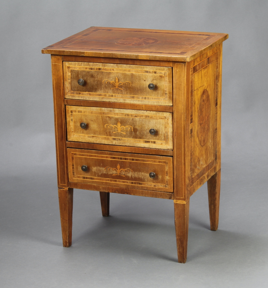 A Continental inlaid satinwood mahogany chest fitted 3 drawers, raised on square tapered supports