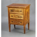 A Continental inlaid satinwood mahogany chest fitted 3 drawers, raised on square tapered supports