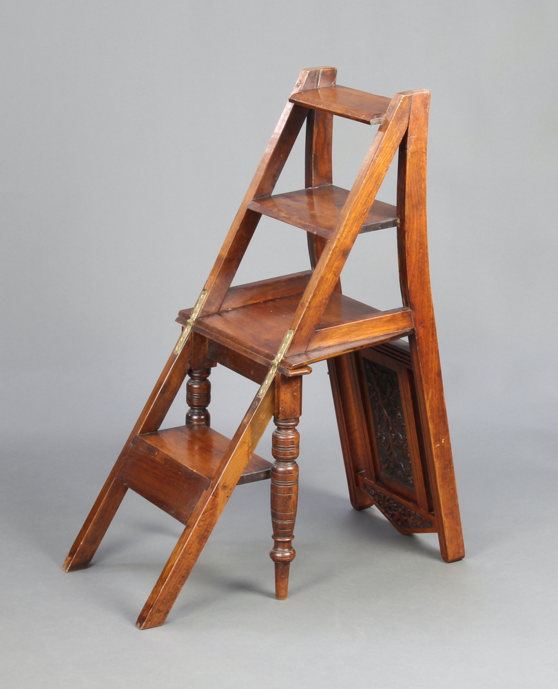 A Victorian carved oak metamorphic 4 tread library steps/chair 90cm x 44cm w x 33cm d, as steps 90cm - Image 2 of 2