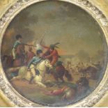 A 19th Century oil on panel, circular study of a battle scene with figures on horseback, 9cm