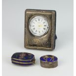 A modern Sterling quartz timepiece 6cm, 2 enamelled boxes