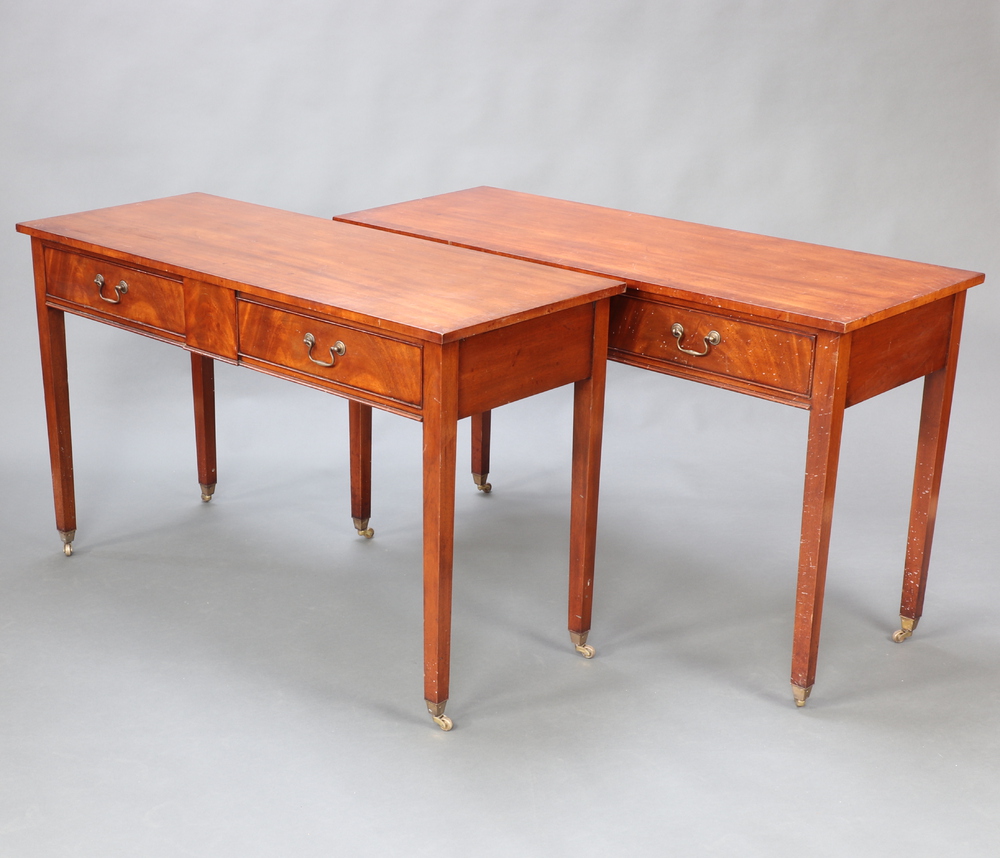 A pair of Georgian style mahogany side tables fitted 2 drawers with brass swan neck drop handles,