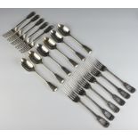 Six Victorian silver fiddle pattern dessert spoons, 5 dessert forks and 6 dinner forks, all with