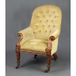 A William IV show frame rosewood tub back chair upholstered in yellow buttoned material, raised on