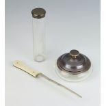 A silver mounted glass toilet jar Birmingham 1948, a silver mounted paper knife and 1 other toilet