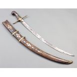 An Indian mameluke style sword with 61cm etched blade contained in a hardwood and inlaid mother of