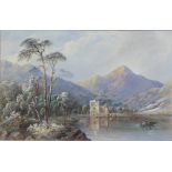 C Pearson 1858, watercolour, Scottish loch scene with ruined castle and figures in a boat, signed