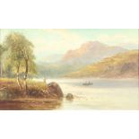 A 19th Century oil on canvas, Scottish loch scene with fisherman and figures in a boat, unsigned,