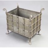 A 1920's rectangular wrought iron and steel coal/log bin with panel decoration 45cm x 50cm x 37cm