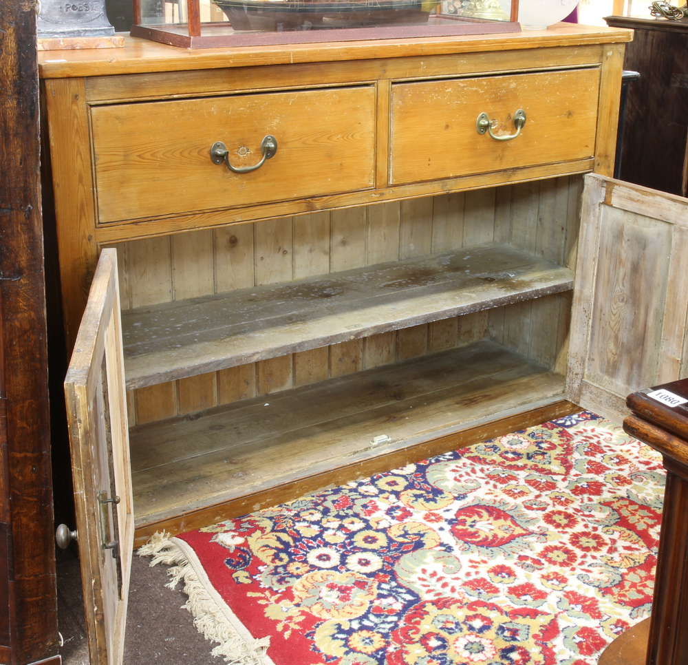 A 19th Century D shaped pine dresser base fitted 2 drawers with replacement brass swan neck drop - Image 2 of 5