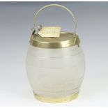 An Edwardian silver plated mounted frosted glass biscuit barrel