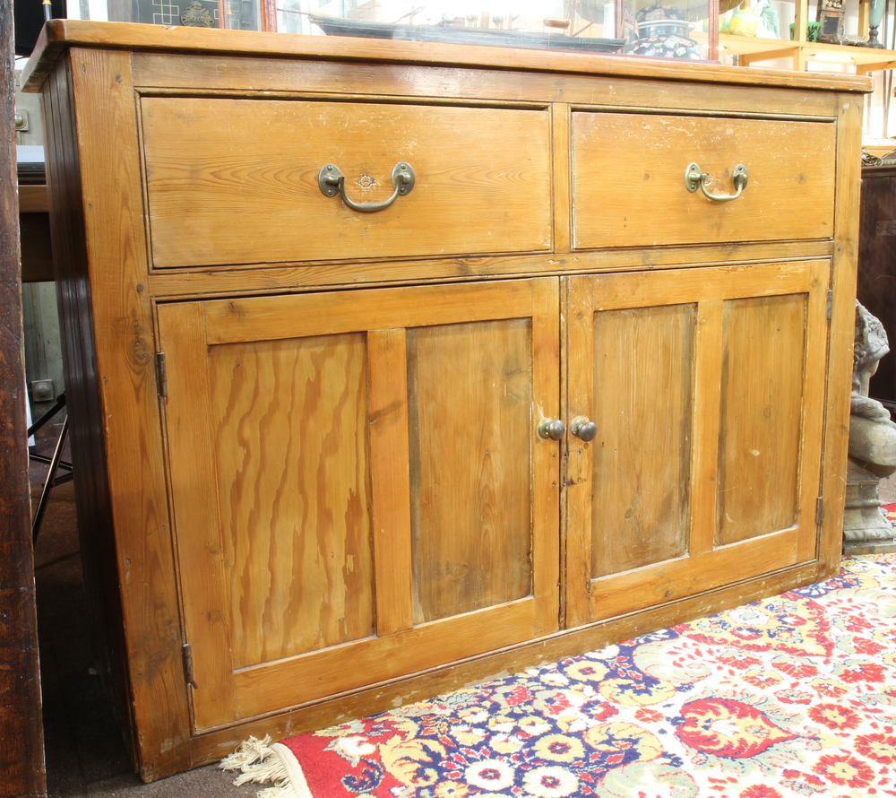 A 19th Century D shaped pine dresser base fitted 2 drawers with replacement brass swan neck drop - Image 3 of 5