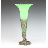 A Victorian tapered green glass vase contained in a plated rustic base 42cm