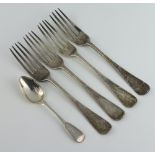 Four Old English silver dinner forks London 1866 together with a teaspoon 298 grams