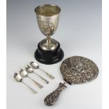 An Edwardian silver presentation trophy (lacking handles), 4 teaspoons 284 grams together with a