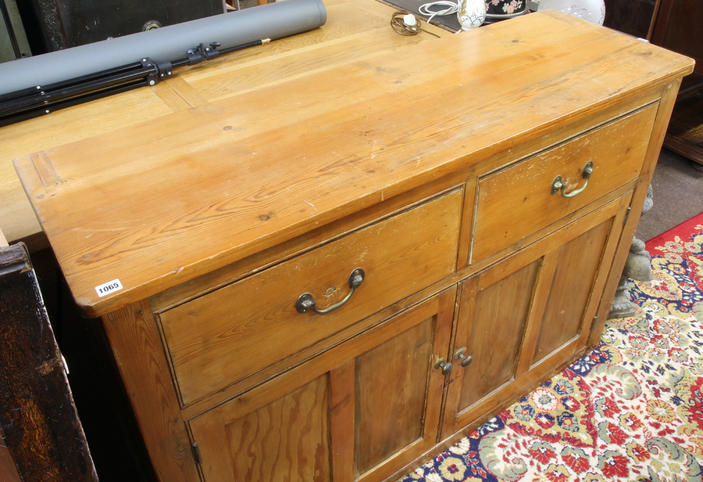 A 19th Century D shaped pine dresser base fitted 2 drawers with replacement brass swan neck drop - Image 4 of 5