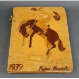 A 1930's parquetry folder marked 1939 Rino Neruda, the interior marked compliments of Bank Club 39cm