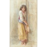 J Bouvier, watercolour, study of a girl holding a tambourine 20cm x 12cm