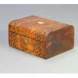 A Victorian inlaid figured walnut D shaped trinket box with hinged lid 12cm h x 30cm w x 22cm d (lid