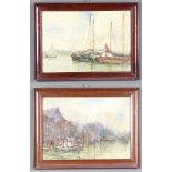 Edwardian, watercolours a pair, unsigned, a river townscape and moored fishing vessels 26cm x 36cm