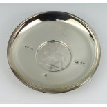 A silver armada dish with 2002 silver coin set base, 64 grams, 10cm, boxed