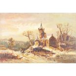 Victorian oil on panel indistinctly signed, a winter scene with figures before a church 15cm x 23cm