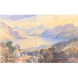 J Burrell-Smith (1822-1927), watercolour, Mountain Loch with deer, signed and dated 1924?, 44cm h