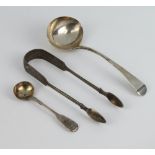 A George III silver ladle, London 1805, a pair of sugar tongs and a mustard spoon 116 grams