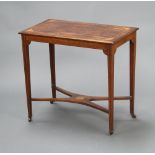 An Edwardian rectangular rosewood occasional table inlaid satinwood stringing raised on square