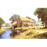 Edward Hersey born 1948, oil on canvas signed, rural scene with farm building and stream,