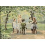 Edwardian, oil, on canvas, unsigned, children in a garden having a tea party, 31cm by 41cmThe canvas