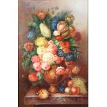 20th Century oil on canvas, Dutch still life with flowers in an urn on a marble plinth 90cm x 59cm