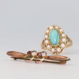 A yellow metal oval turquoise and seed pearl ring, the centre stone 10mm x 5mm, the 12 seed pearls