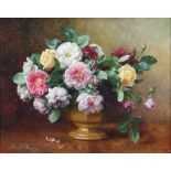 Albert Williams (1922-2010) oil on board, still life study of a vase of roses, signed, label en