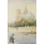 J C Robinson 1928, watercolours signed and dated, "Notre Dame" 32cm by 21cm and "Warwick Castle"